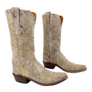 Lucchese Cream Laser-Cut Leather Western Heeled Boots